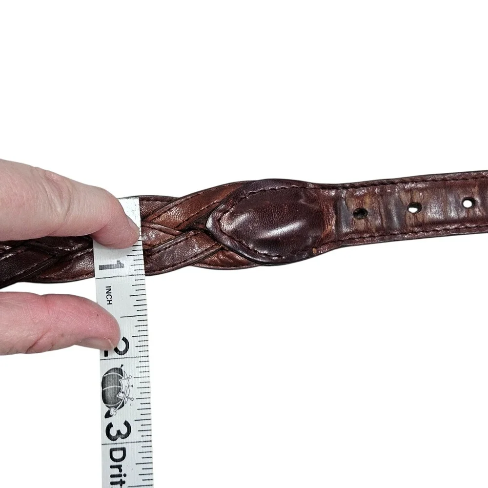 Solid Brass Braided Leather Belt Brown Woven Casual Mens Size 42 Business Casual